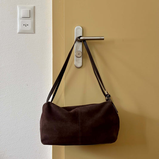 Brown Velvet Leather Travel Handbag With Gold Hardware By Fortybag